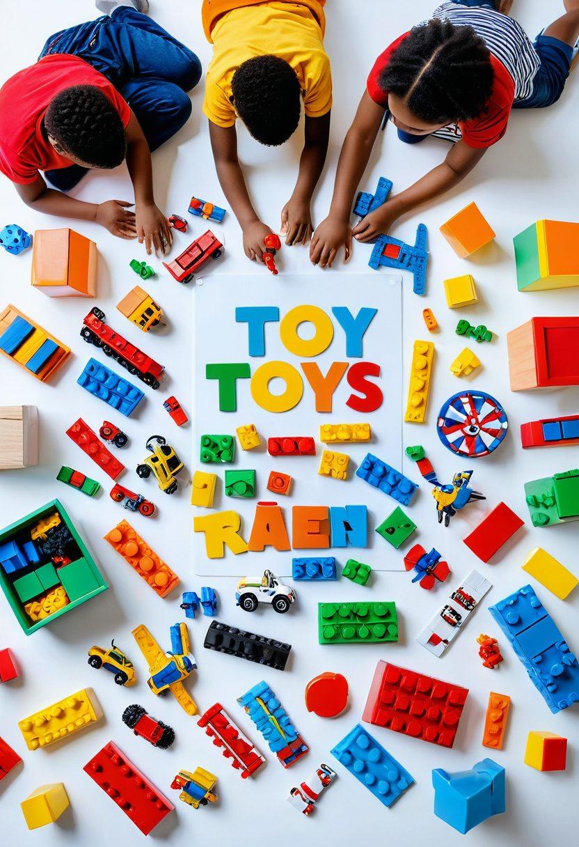 A vibrant and playful scene showcasing an array of modern toys including action figures, board games, and colorful building blocks arranged on a bright, inviting table. Children of diverse backgrounds are joyfully engaged with the toys, illustrating the excitement of playtime. In the background, a playful banner displays the phrase 'Latest Toy Trends'. super-realistic. vibrant colors. white background.