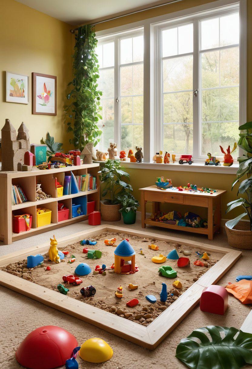 An enchanting playroom filled with a variety of colorful toys, showcasing children engaged in delightful play with dirt and nature elements, like sandcastles and mud pies. Include an open book titled 'The Ultimate Guide to Toys' with illustrations of toys and playful scenes. Bright, cheerful atmosphere with sunbeams streaming in. super-realistic. vibrant colors. playful atmosphere.
