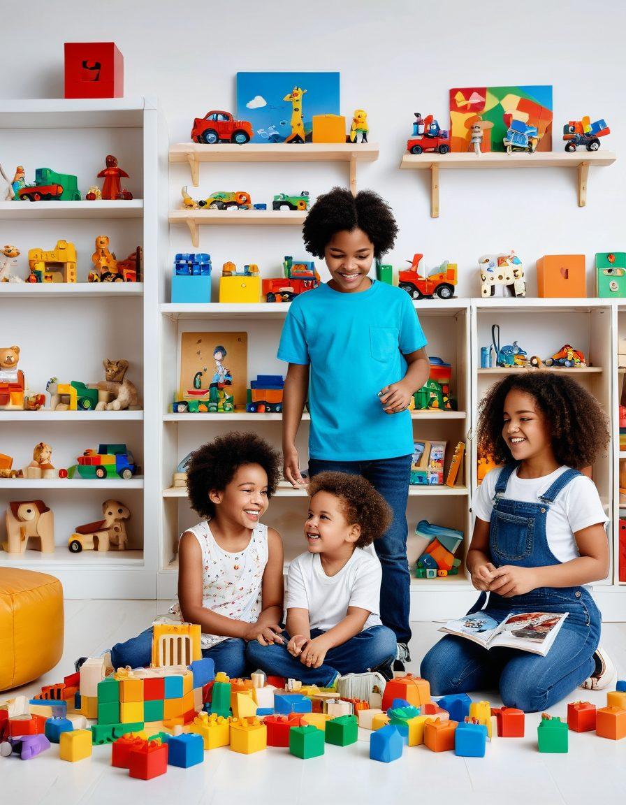 A vibrant and playful scene showcasing children engaging with various educational and interactive toys, such as building blocks, puzzles, and robotic kits. The background features a bright, cheerful playroom filled with colorful posters and shelves of toys, radiating an atmosphere of fun and learning. Include children of diverse backgrounds laughing and collaborating, emphasizing imagination and exploration. super-realistic. vibrant colors. white background.